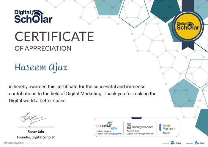 Digital Scholar appreciation certificate