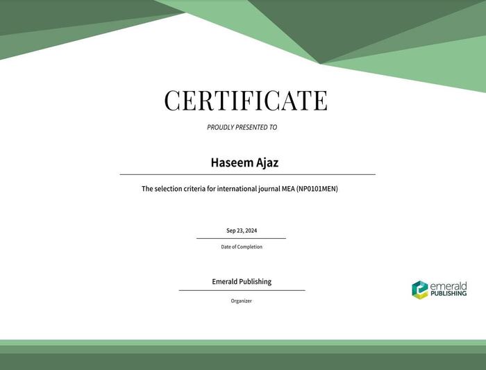 Emerald Publishing journal criteria certificate