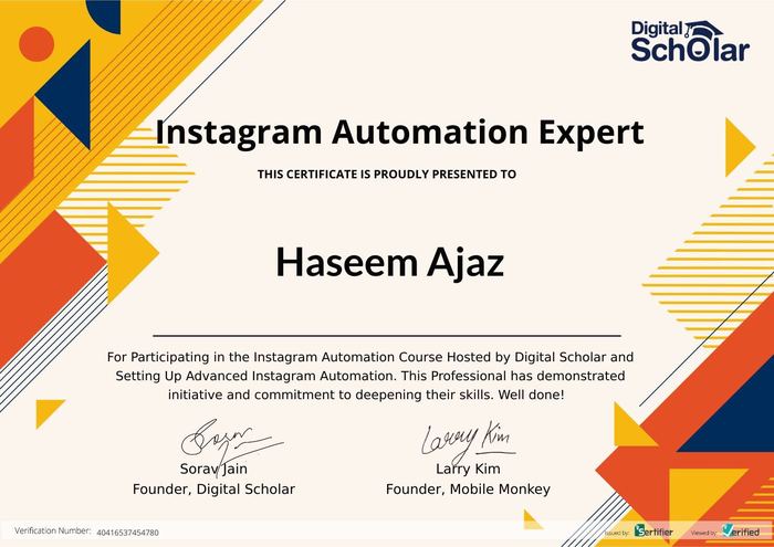 Instagram Automation Expert certificate