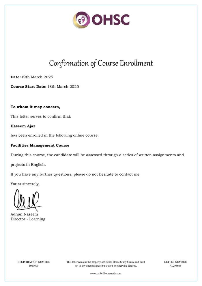 Facilities Management course confirmation