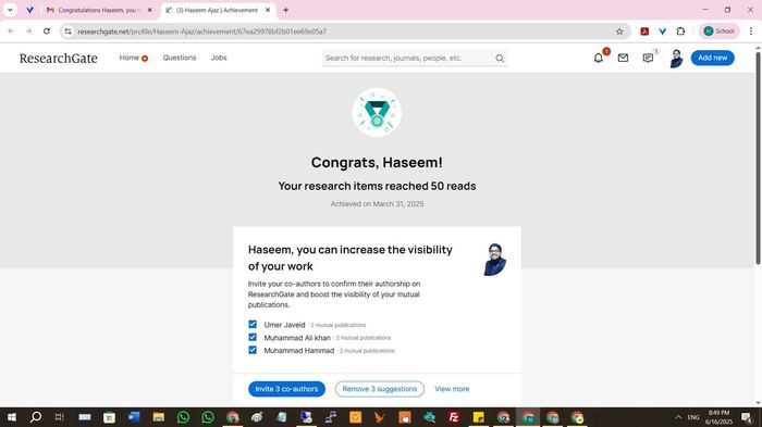 ResearchGate 50 reads milestone