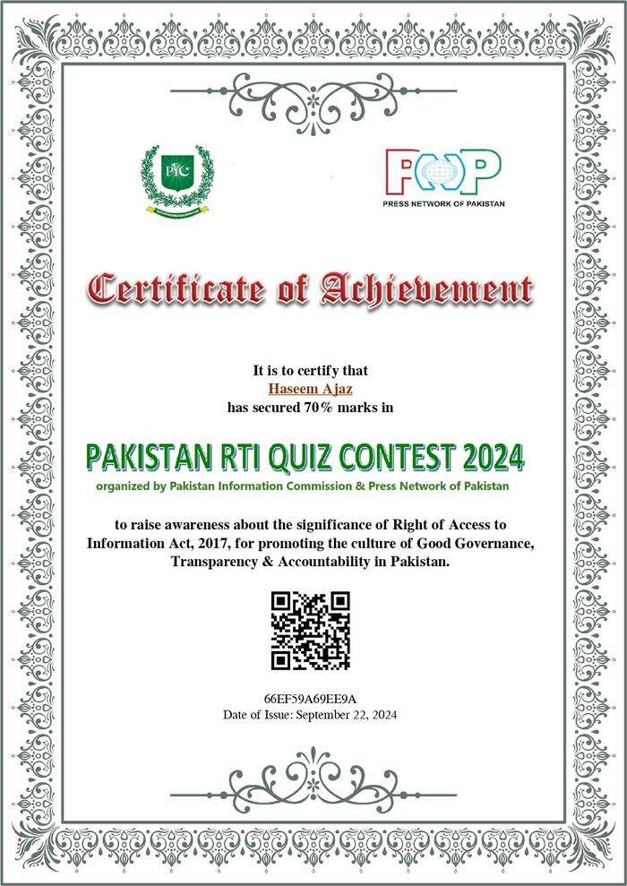 Pakistan RTI Quiz Contest certificate