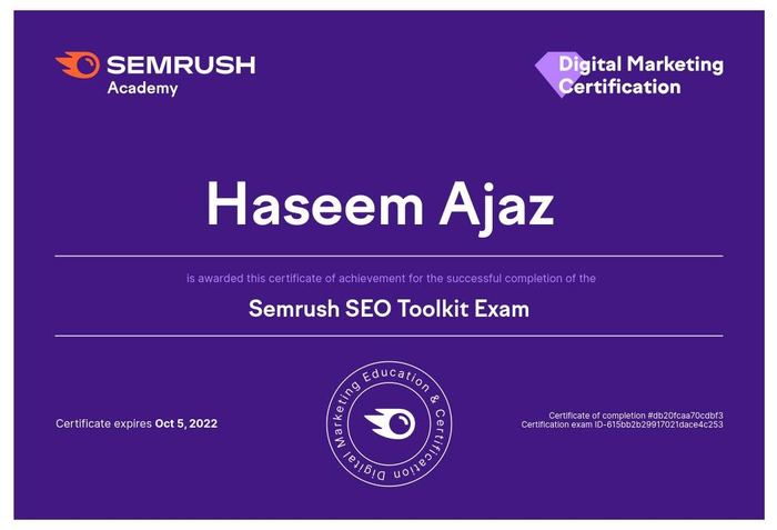 Semrush SEO Toolkit certificate