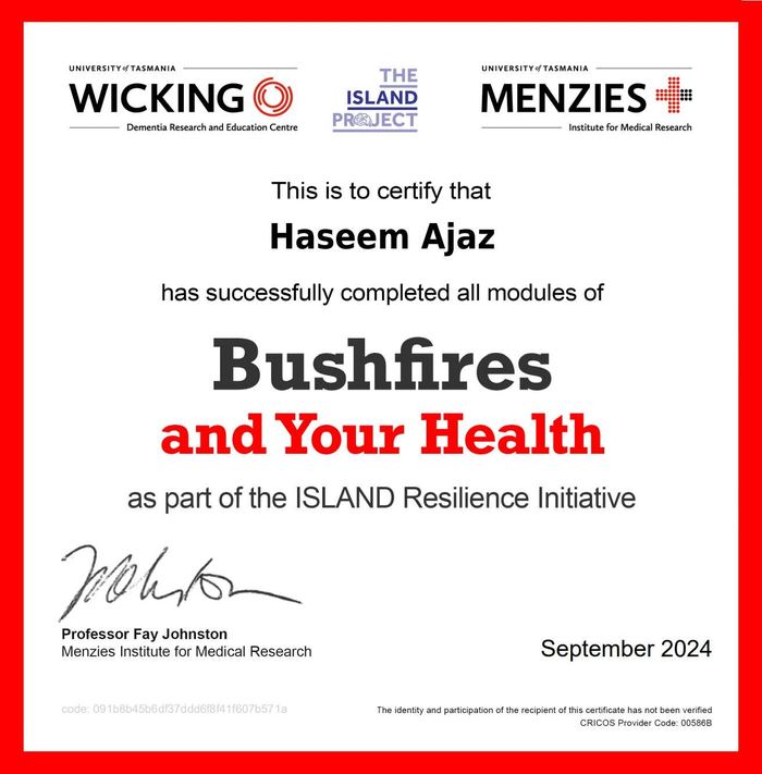 Bushfires and Your Health certificate
